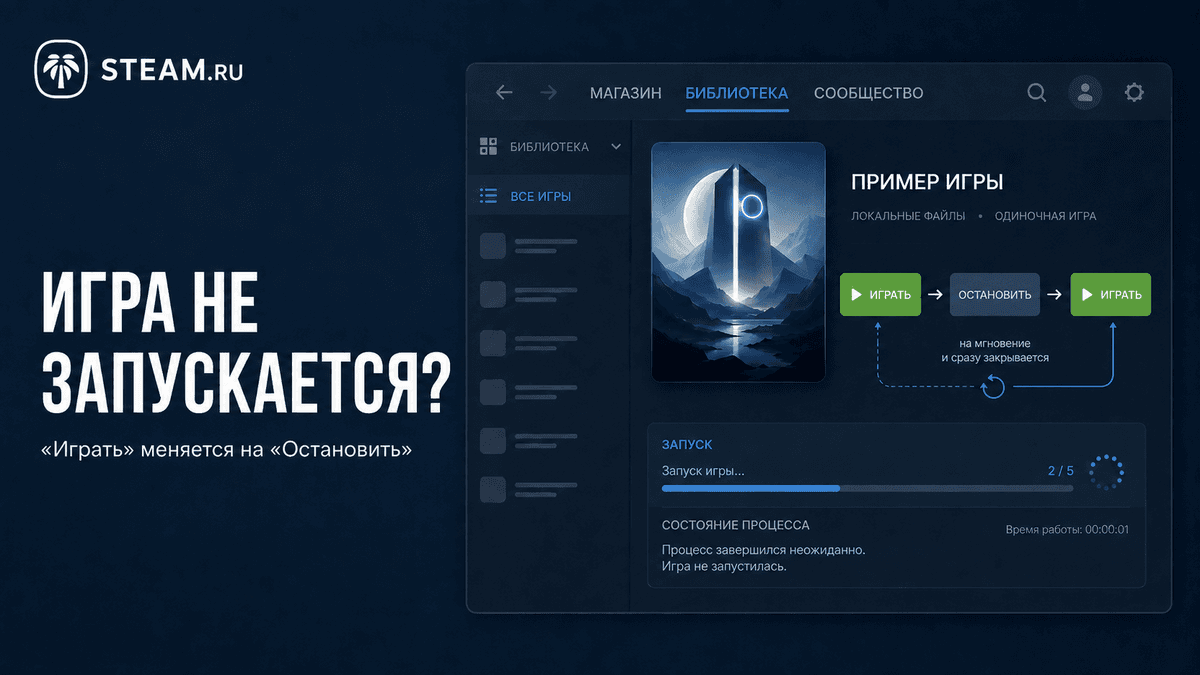 Игра не запускается: «Играть» меняется на «Остановить» и обратно